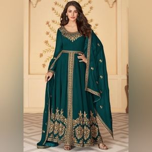 Embroidered Georgette Abaya Style Suit in Dark Green